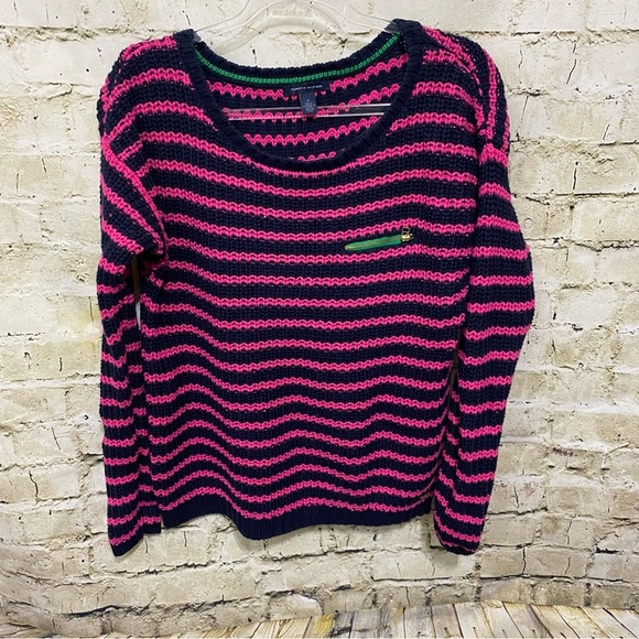 Tommy Hilfiger Blue Pink Striped Open Knit Cotton Sweater - Picture 1 of 6